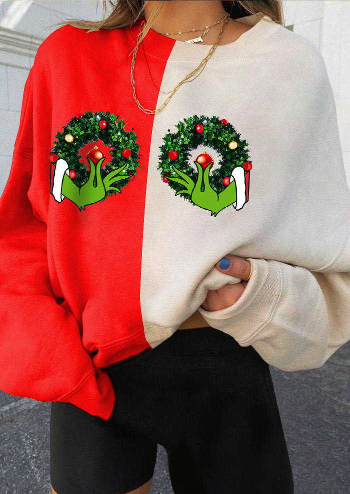 Christmas Wreath Cartoon Color Block Sweatshirt - Red