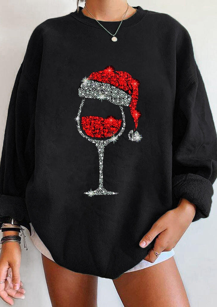 Christmas Hat Wine Long Sleeve Sweatshirt - Black