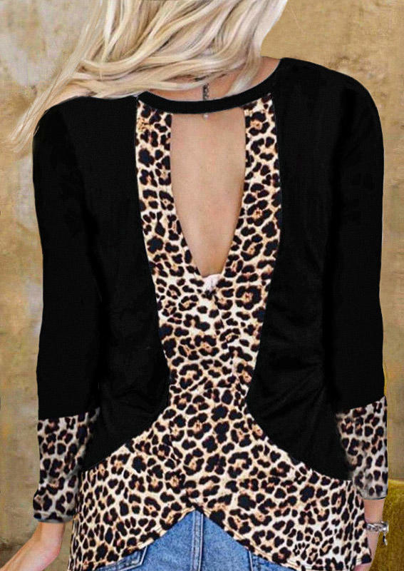 

Leopard Splicing Open Back Long Sleeve Blouse - Black, 522345