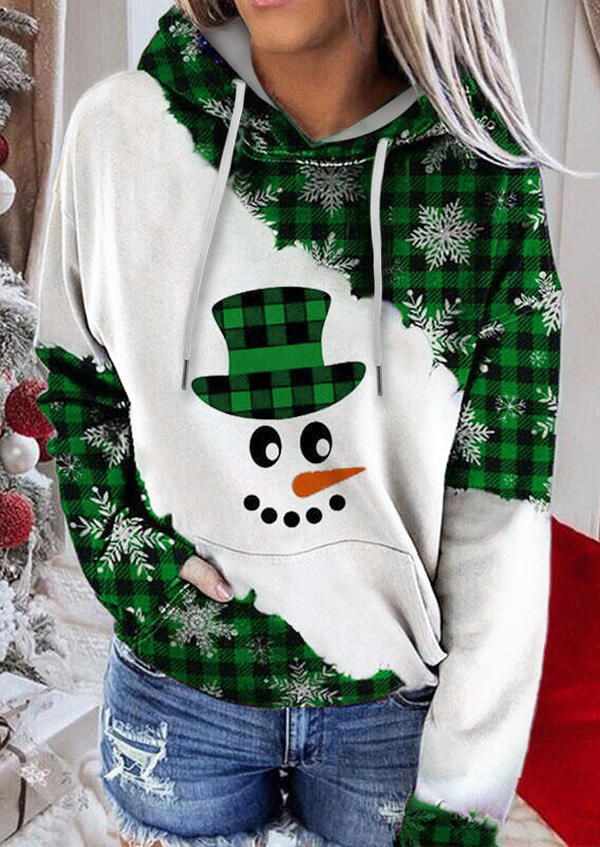 Snowman Face Snowflake Plaid Drawstring Hoodie