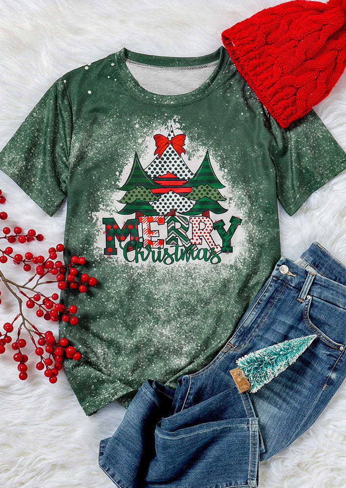 Merry Christmas Tree Bleached T-Shirt Tee - Green