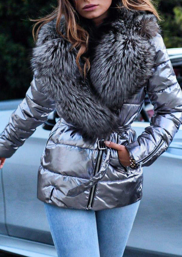 

Zipper Pocket Fur Turn-down Collar Parka Coat - Gray, 522421