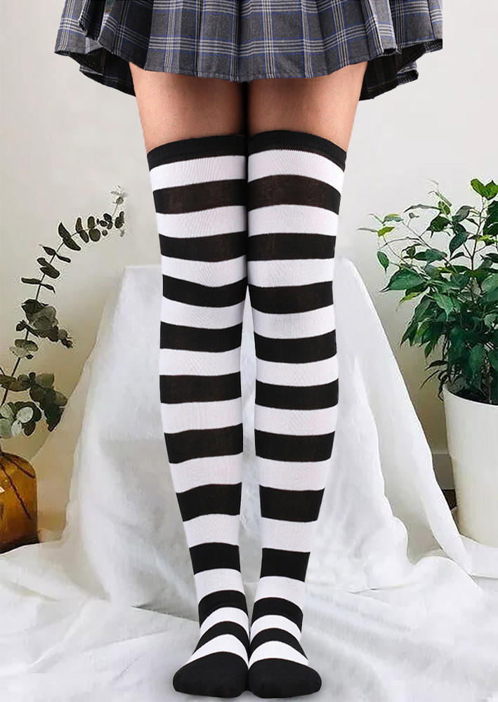 

Christmas Striped Thigh-High Socks, Black, 522655