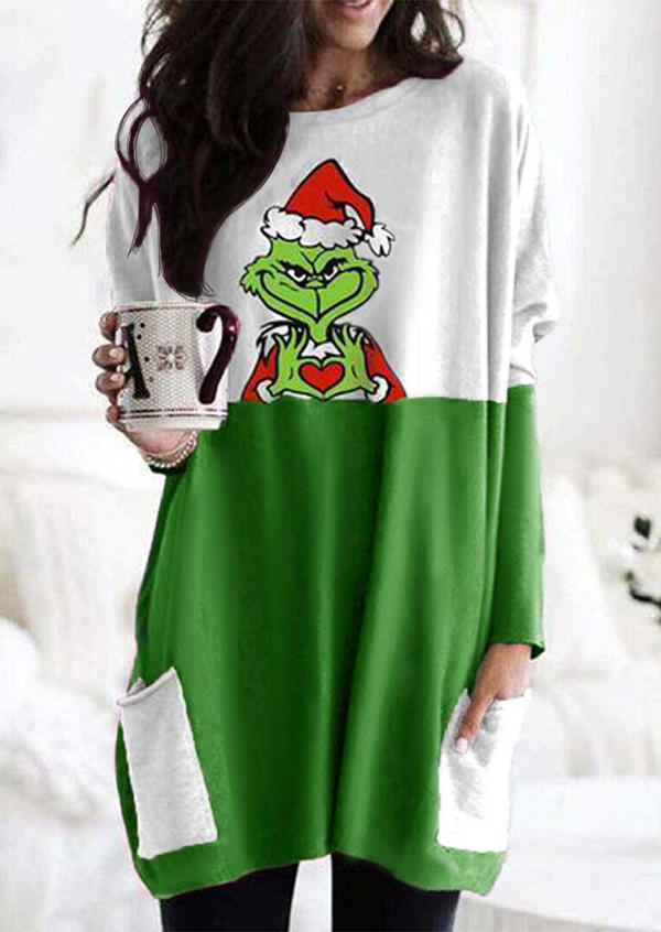 

Christmas Hat Cartoon Color Block Pocket Mini Dress - Green, 522697