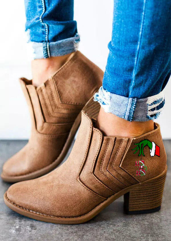 

Christmas Cartoon Ruffled Round Toe Heeled Boots - Brown, 522828
