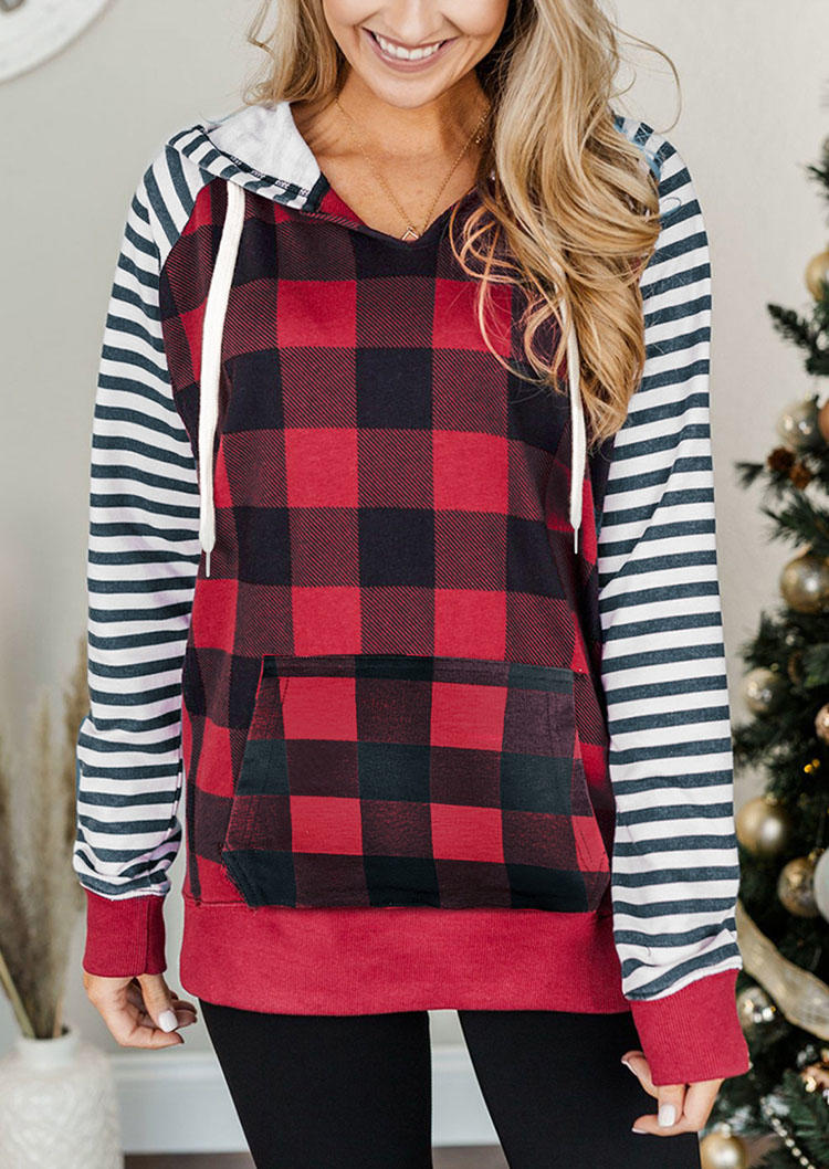 

Buffalo Plaid Striped Kangaroo Pocket Hoodie, 522863