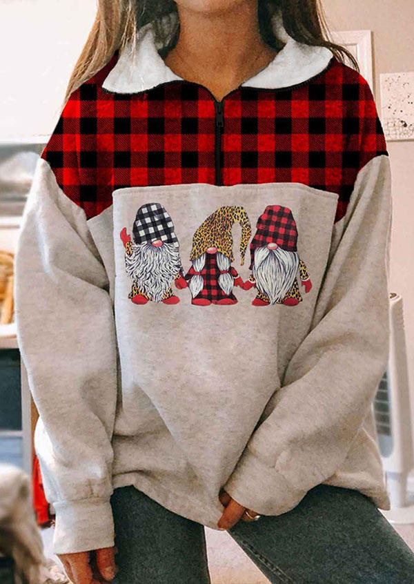 

Christmas Plaid Leopard Gnomies Blouse - Light Grey, 522900