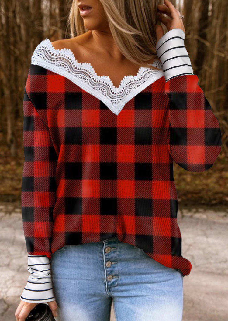 Plaid Lace Splicing Knitted Long Sleeve Blouse, Multicolor, 522973