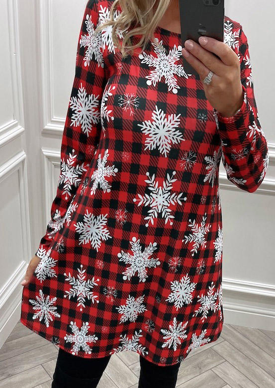 Snowflake Plaid Long Sleeve Mini Dress