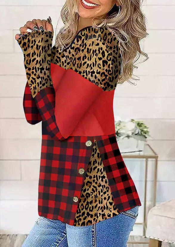 

Leopard Splicing Buffalo Plaid Button Blouse - Red, 523083