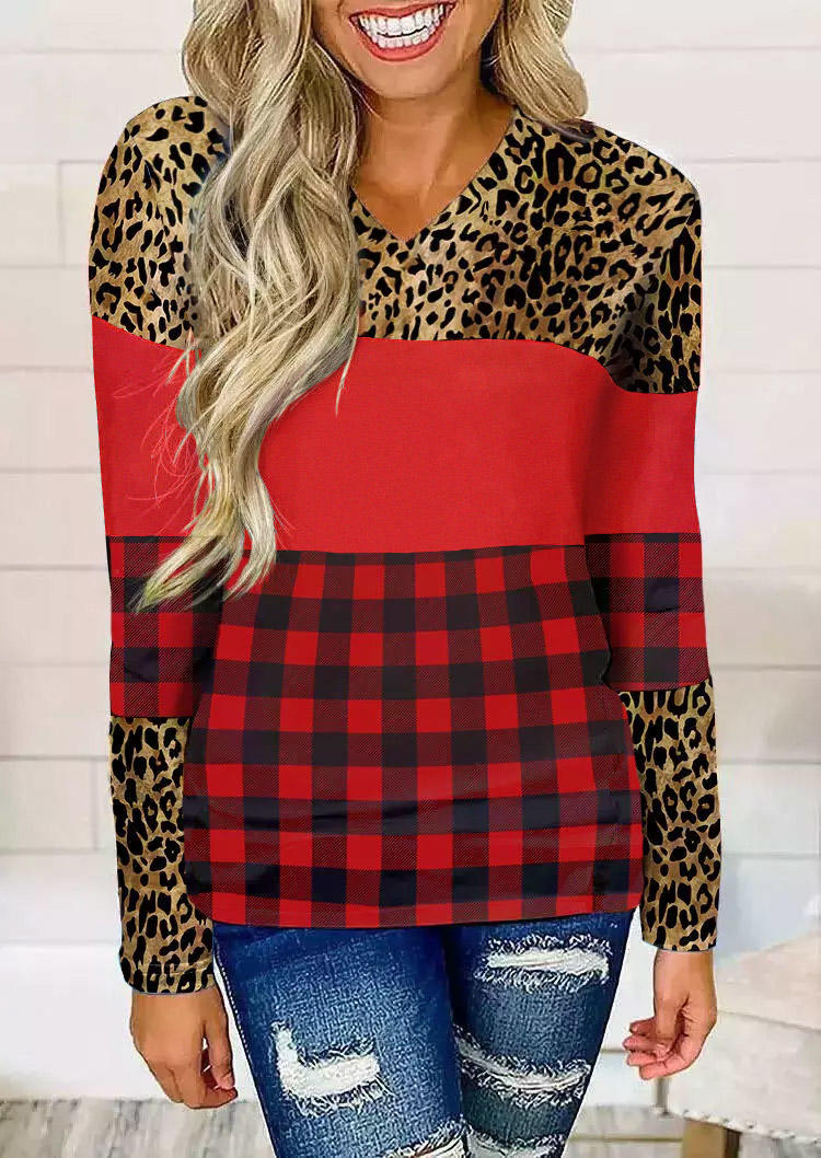Leopard Splicing Buffalo Plaid Button Blouse - Red