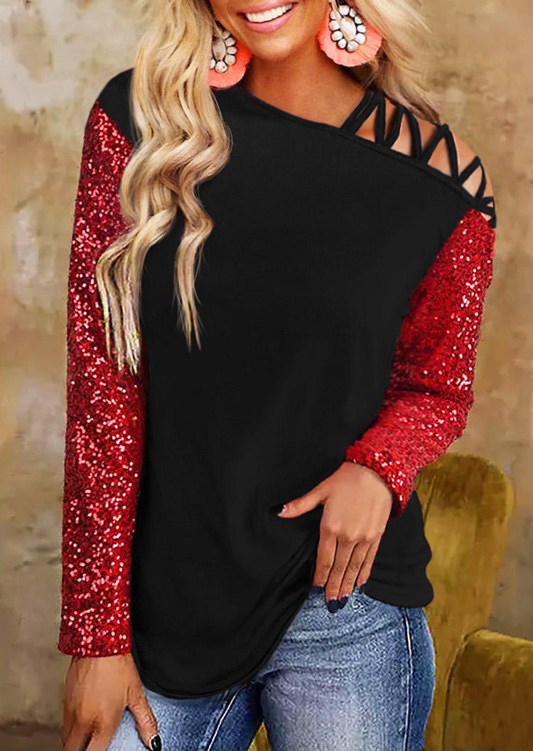 

Hollow Out Sequined Splicing Long Sleeve Blouse - Black, 523096