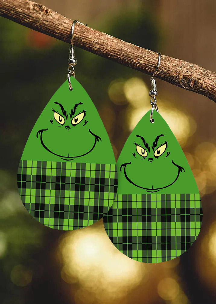 Plaid Cartoon Water Drop Earrings - Green, 523200
