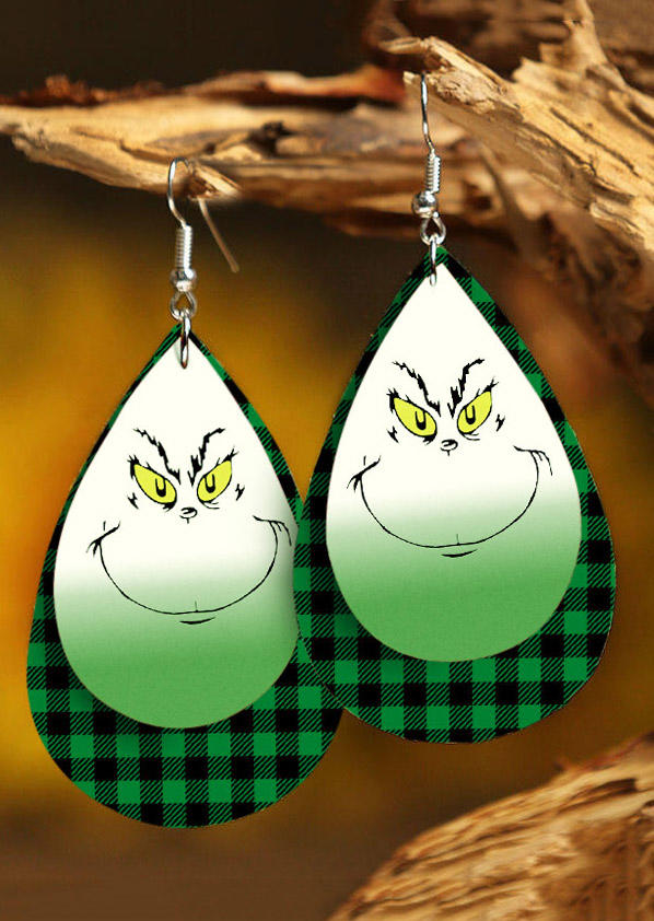 

Christmas Cartoon Plaid Water Drop Earrings, Green, 523218