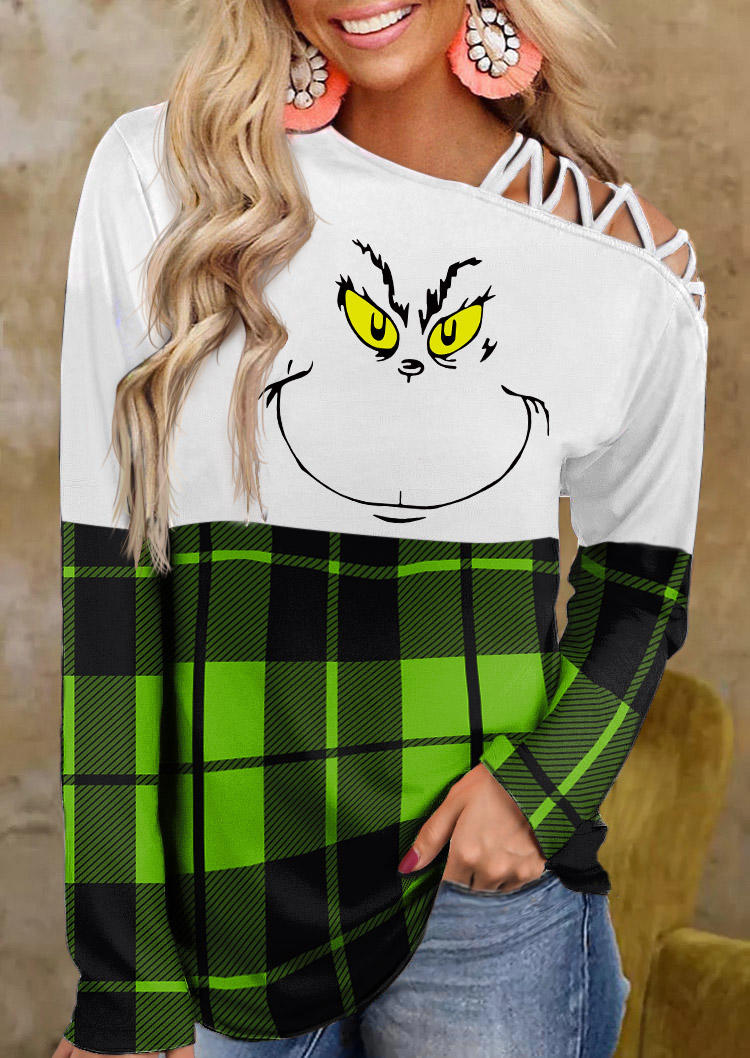 

Cartoon Plaid Criss-Cross One Sided Cold Shoulder Blouse, Multicolor, 523221