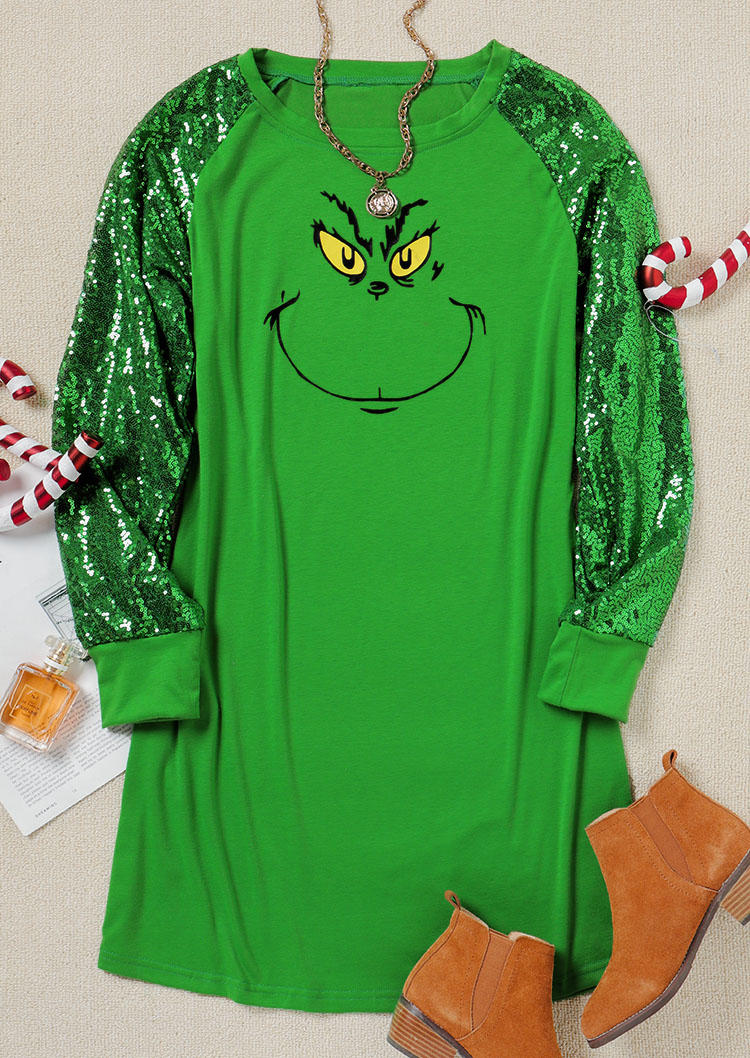 Cartoon Sequined Long Sleeve Mini Dress -  Green