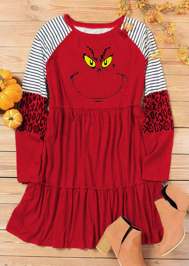 Striped Leopard Ruffled Long Sleeve Mini Dress - Red