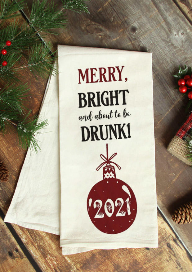 

Merry Bright And Drunk Christmas 2021 Bauble Tea Towel, Beige, 523239