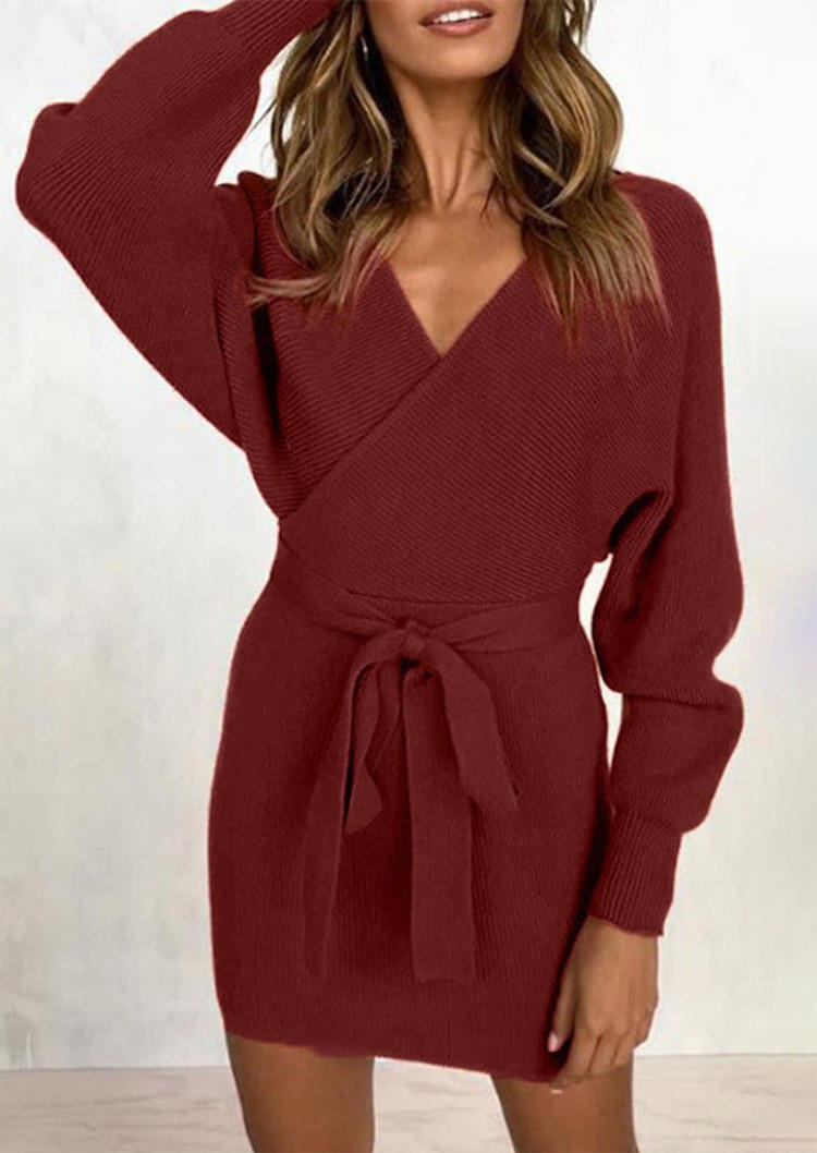 

Wrap V-Neck Long Sleeve Bodycon Dress - Burgundy, 523256