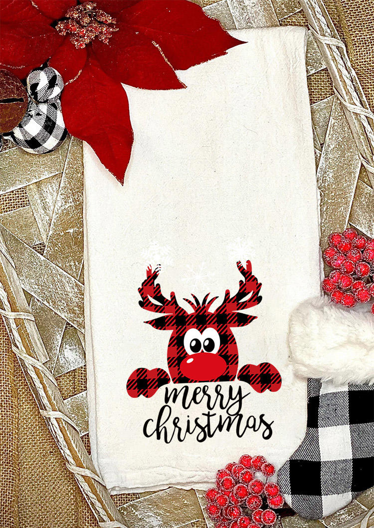 

Merry Christmas Plaid Reindeer Tea Towel, White, 523262