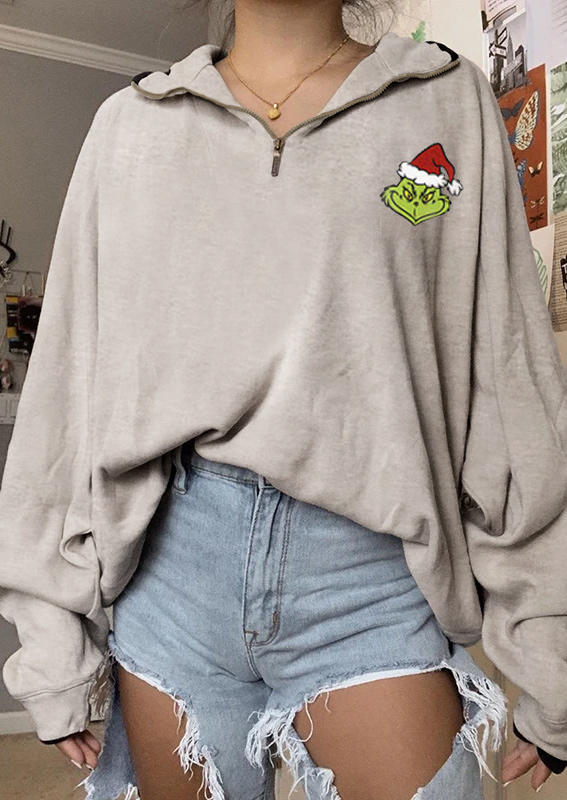 Hat Cartoon Zipper Collar Sweatshirt - Light Grey