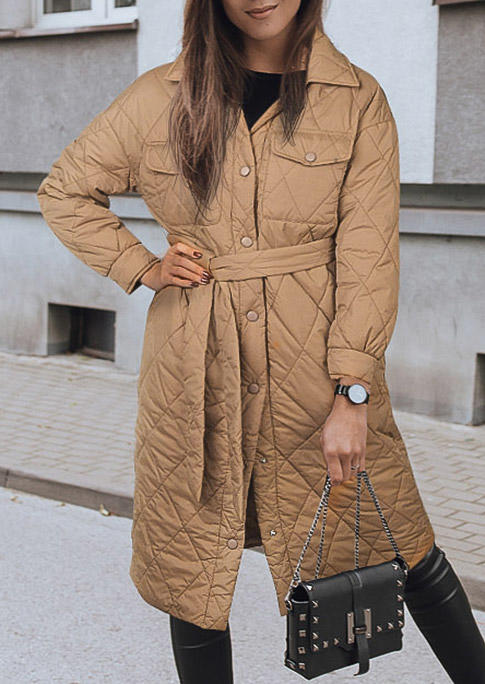 

Button Pocket Long Parka Coat with Belt - Khaki, 522053
