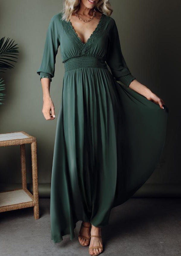 

Lace Smocked V-Neck Maxi Dress - Green, 522418