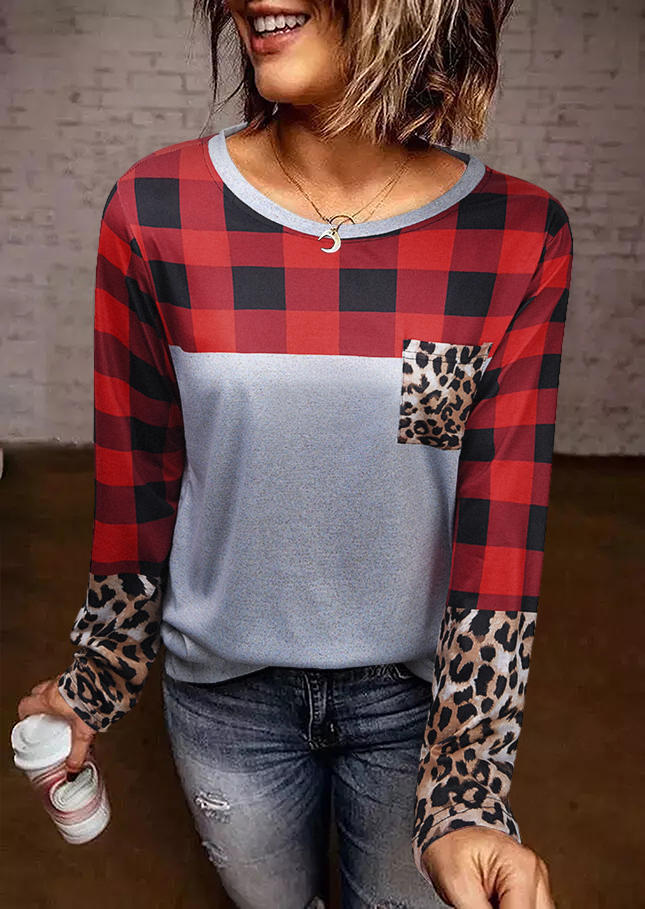 

Plaid Leopard Pocket Splicing Blouse, 522642