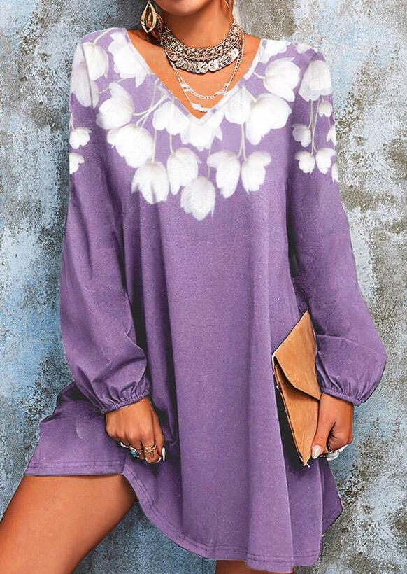 

Floral V-Neck Long Sleeve Mini Dress - Purple, 522730