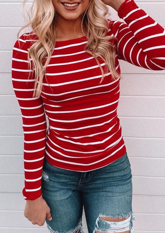 

Striped Long Sleeve O-Neck Blouse - Red, 522856