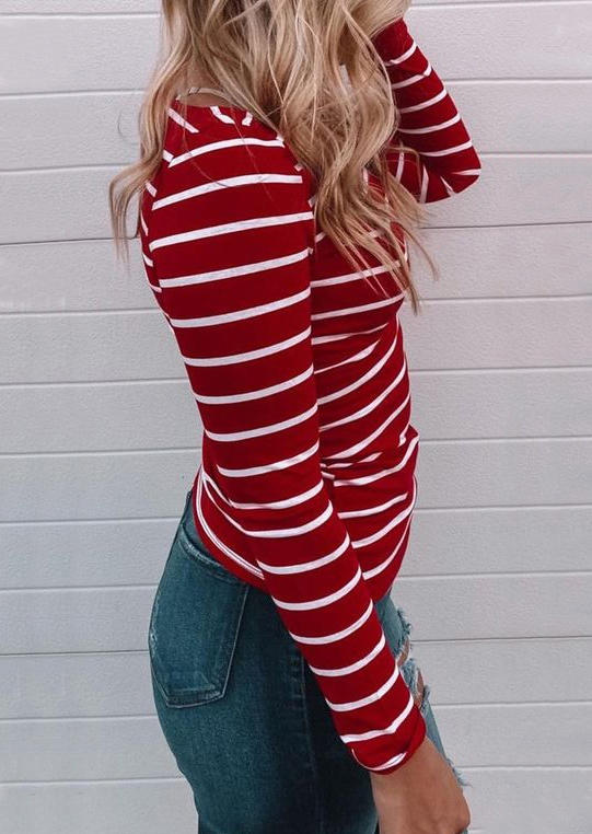 Striped Long Sleeve O-Neck Blouse - Red