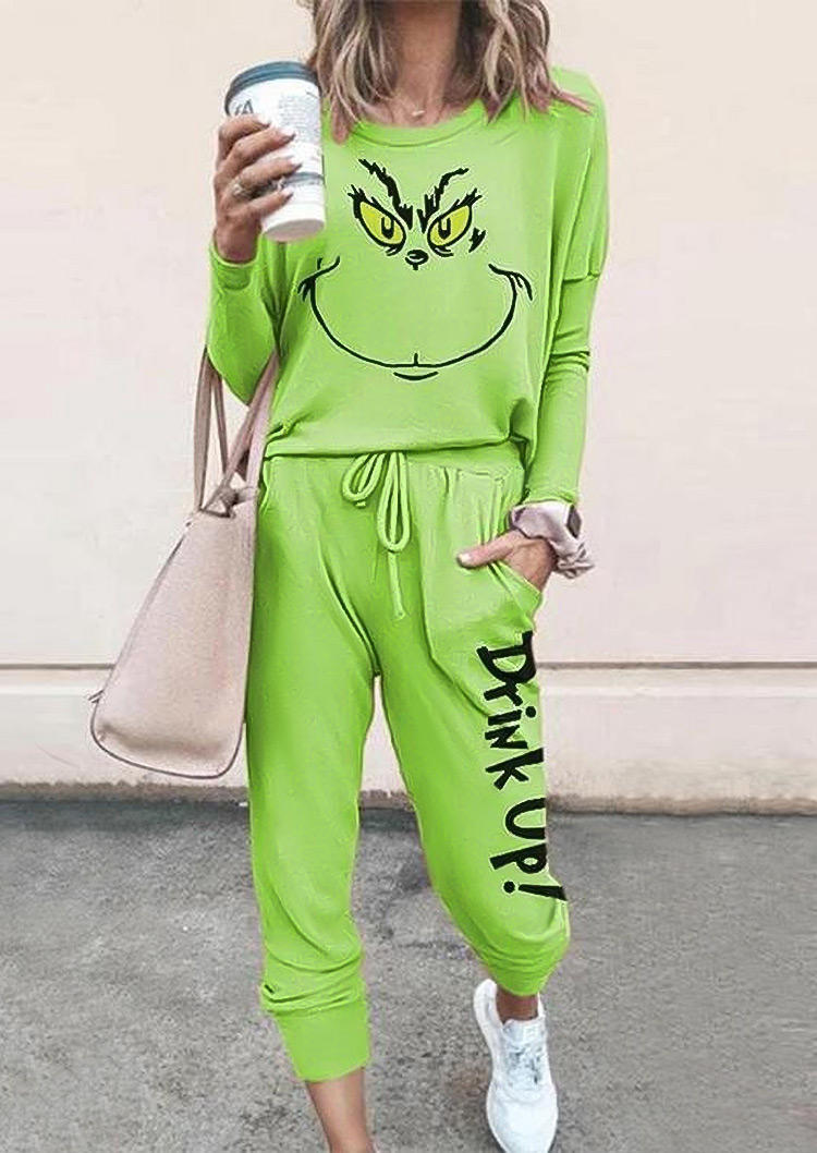 

Christmas Cartoon Blouse And Drink Up Pants Two-Piece Set - Green, 523082