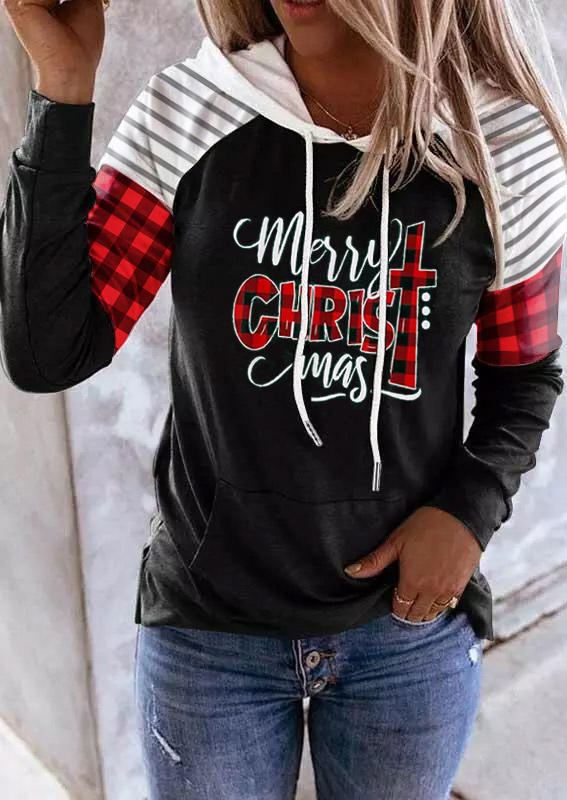 

Merry Christmas Plaid Striped Long Sleeve Hoodie - Black, 523274