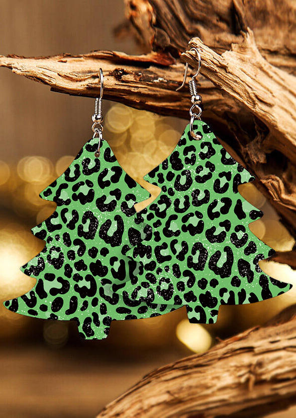 

Leopard Christmas Tree Pendant Earrings, Green, 523348