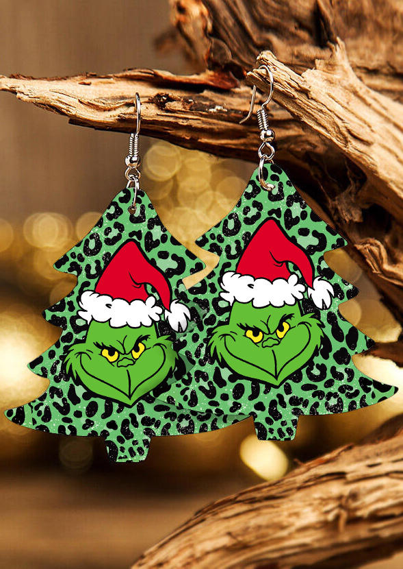 

Christmas Cartoon Leopard Tree Pendant Earrings, Green, 523350