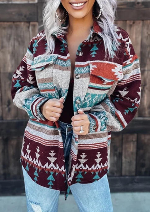 

Pocket Button Geometric Western Coat - Burgundy, 523402