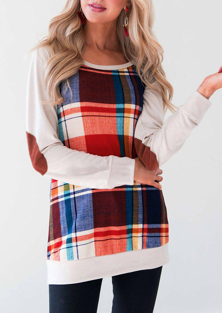 

Plaid Splicing Long Sleeve Blouse - Pink, 522378