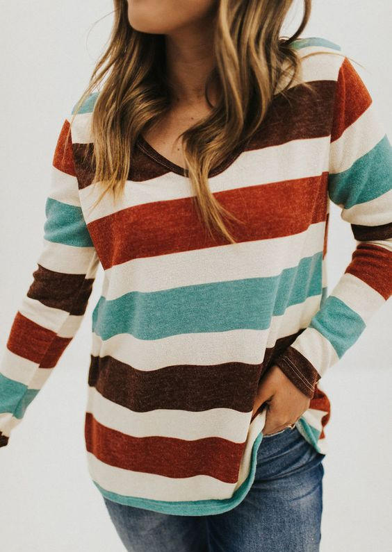 

Colorful Striped Long Sleeve Blouse, Multicolor, 522758