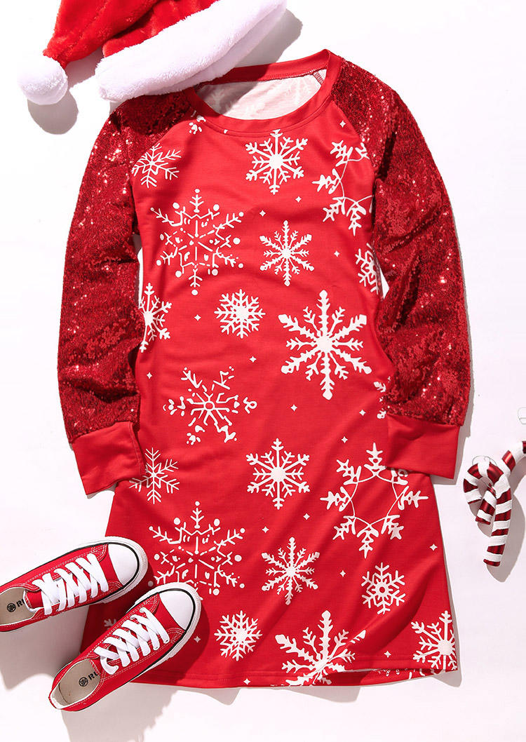 Sequined Snowflake Long Sleeve Mini Dress - Red