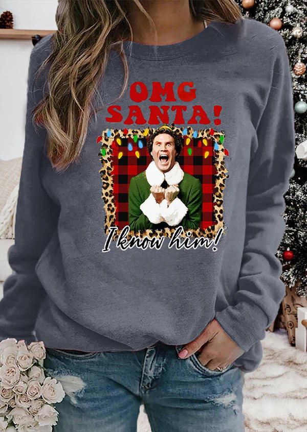 OMG Santa I Know Him Plaid Leopard Sweatshirt - Gray