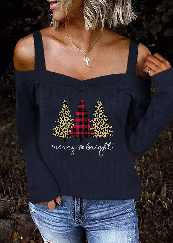 

Merry And Bright Christmas Tree Cold Shoulder Sweater - Navy Blue, 522965