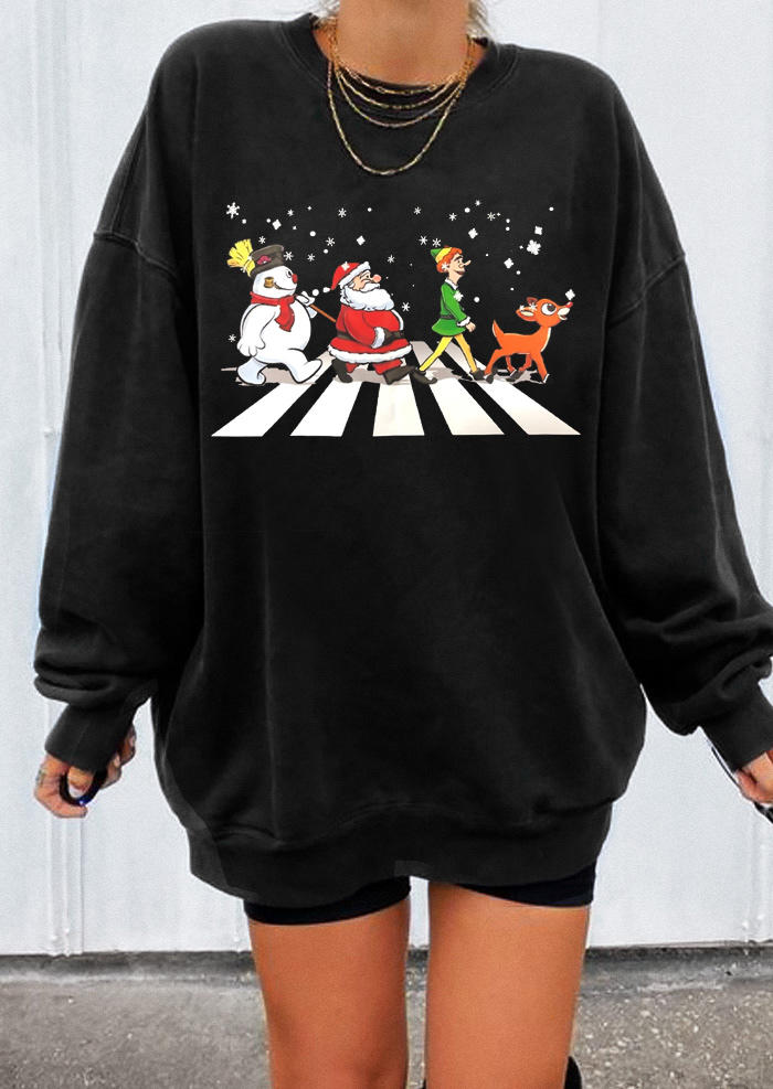 Santa Claus Snowman Reindeer Snowflake Sweatshirt - Black