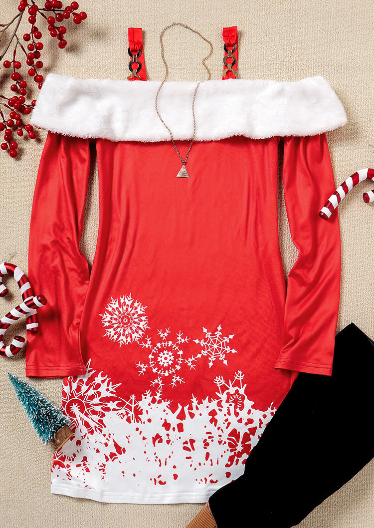 Christmas Snowflake Plush Cold Shoulder Mini Dress - Red