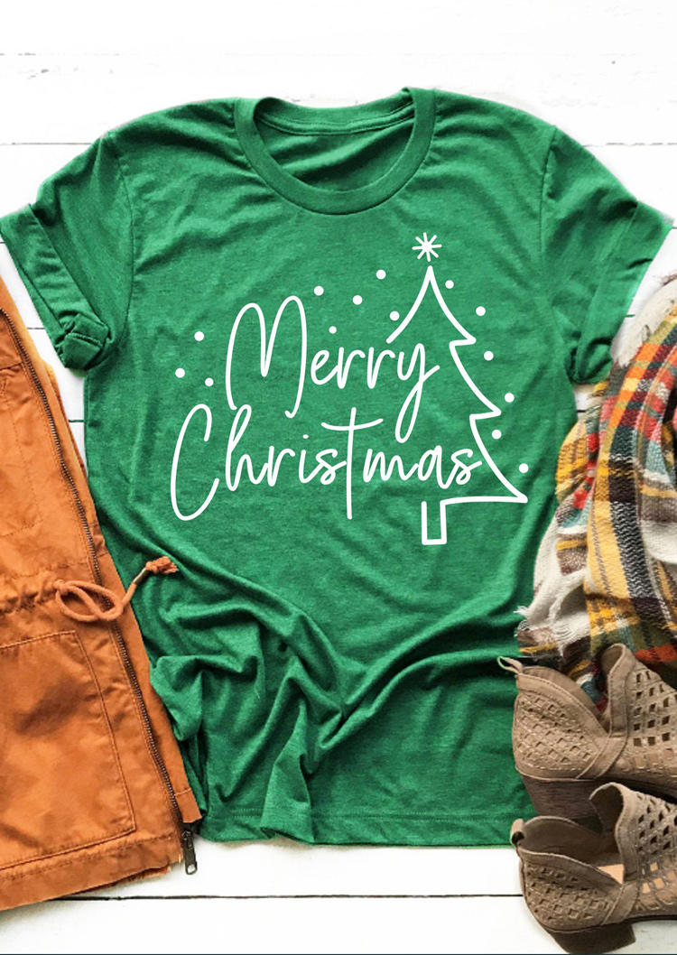 Merry Christmas Tree O-Neck T-Shirt Tee - Green