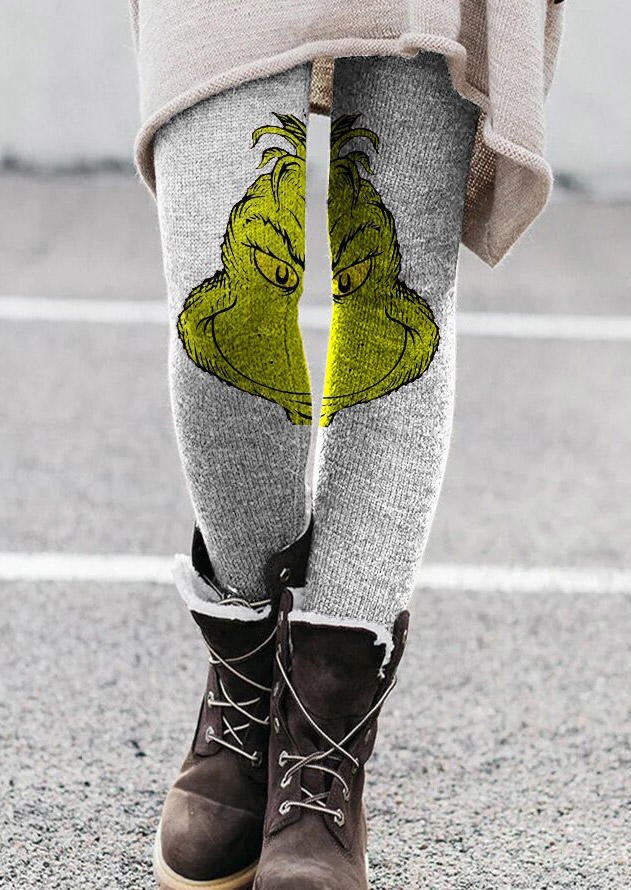 

Christmas Cartoon Elastic Waist Leggings - Gray, 523375