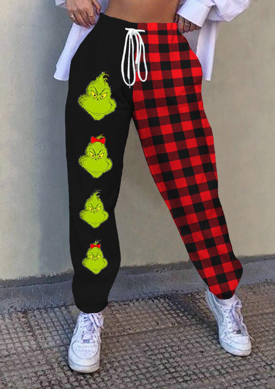 Plaid Cartoon Color Block Sweatpants - Black, 523377