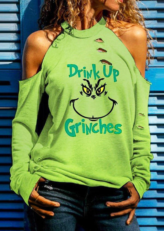 

Christmas Drink Up Cartoon Hollow Out Blouse - Green, 523384
