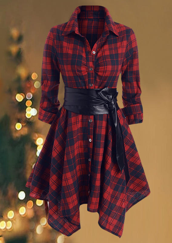 

Plaid Button Turn-Down Collar Shirt Mini Dress - Red, 523392