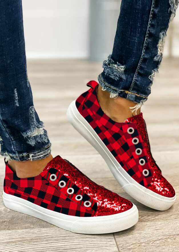 Sequined Buffalo Plaid Round Toe Flat Sneakers - Red