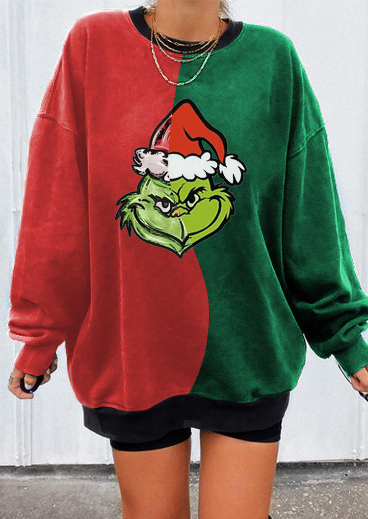 

Christmas Cartoon Color Block Pullover Sweatshirt, Multicolor, 523453